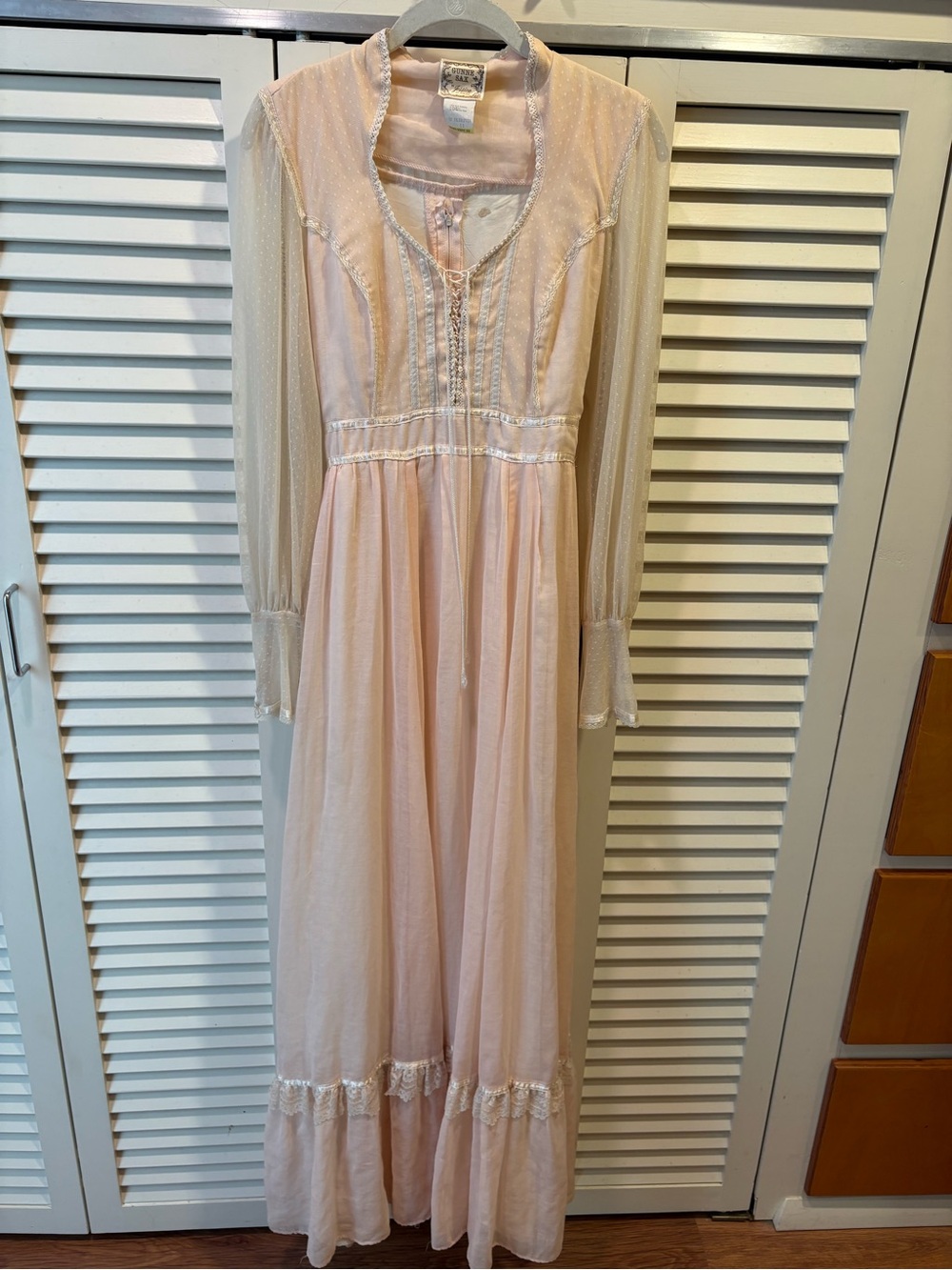 Gunne Sax Pale Pink Dress Vintage Gauzy Cotton Lace Corset Dress 11